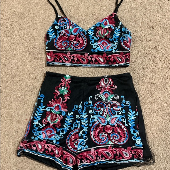 SHEIN Pants - SHEIN Black Jumpsuit with Red and Blue Embroidery